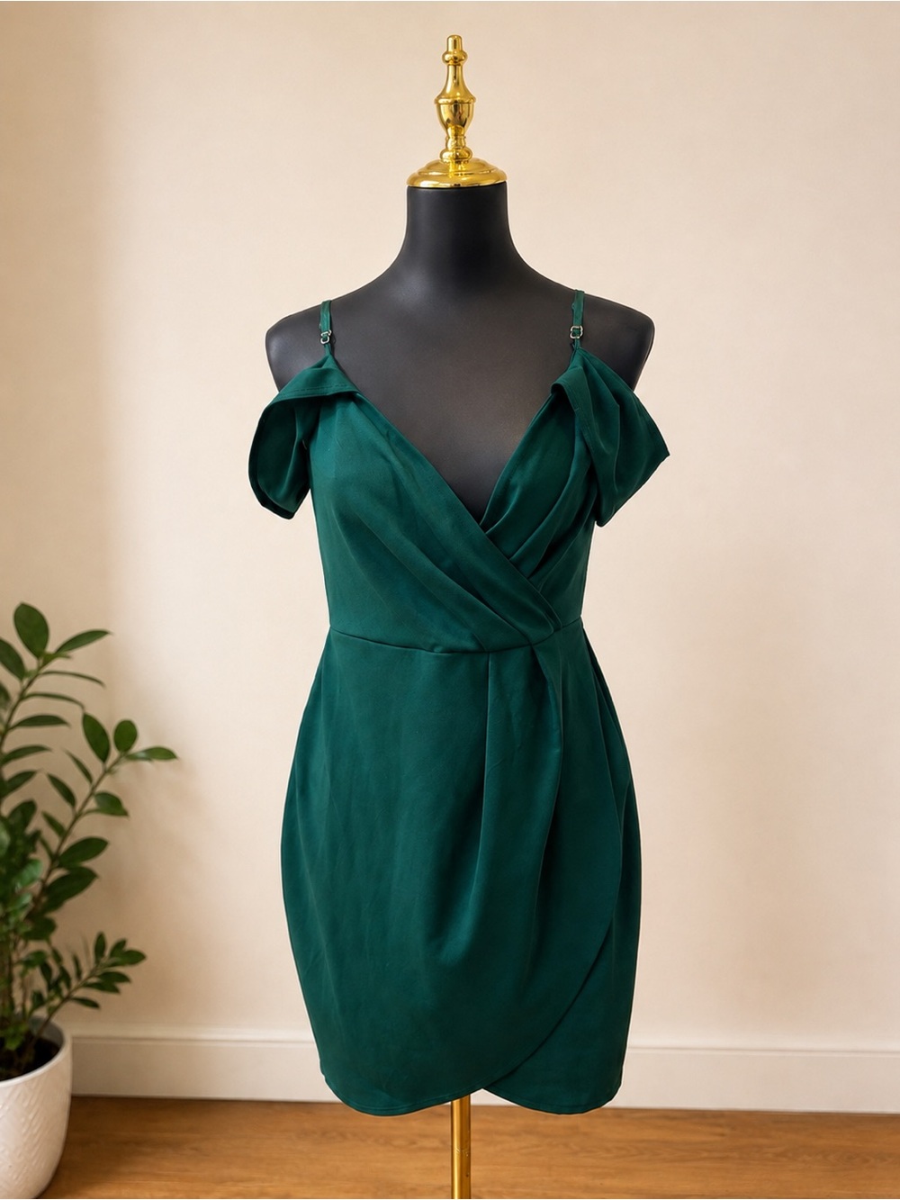 Lulu’s Emerald Green Off-Shoulder Wrap Mini Dress
